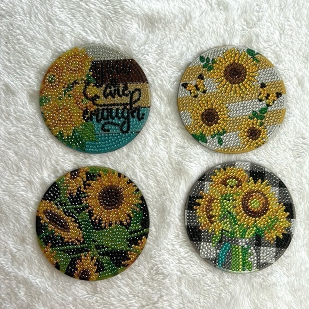 Completed Diamond Art Coasters Sunflower! Set of 4!